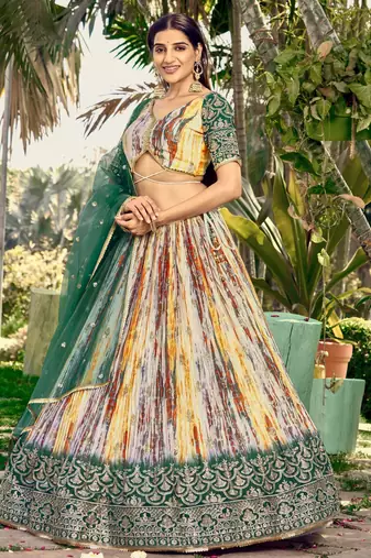  white & green shibori printed chinon lehenga set choli with dupatta with dupatta