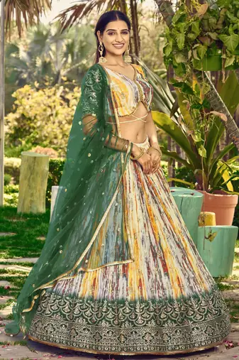  white & green shibori printed chinon lehenga set choli with dupatta with dupatta