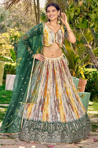  white & green shibori printed chinon lehenga set choli with dupatta with dupatta