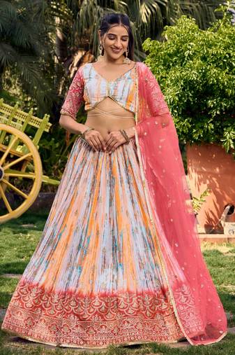 white & pink shibori printed chinon traditional lehenga set choli with dupatta