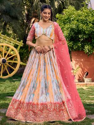 white & pink shibori printed chinon traditional lehenga set choli with dupatta 3