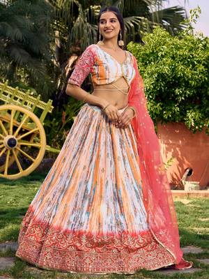 white & pink shibori printed chinon traditional lehenga set choli with dupatta 4