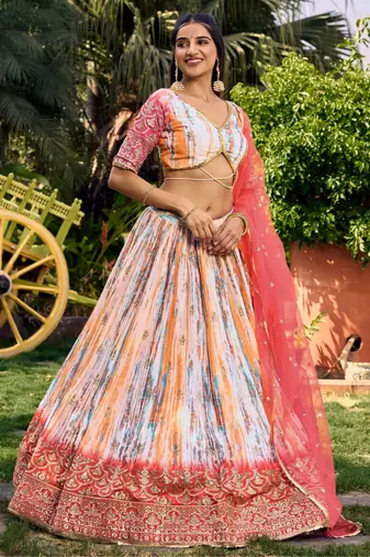 white & pink shibori printed chinon traditional lehenga set choli with dupatta
