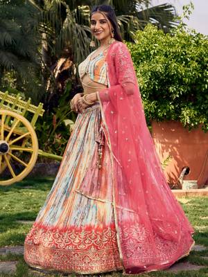 white & pink shibori printed chinon traditional lehenga set choli with dupatta 5