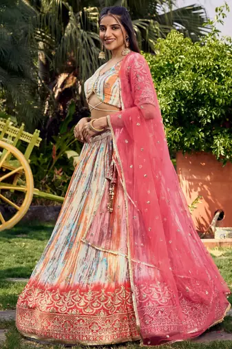white & pink shibori printed chinon traditional lehenga set choli with dupatta