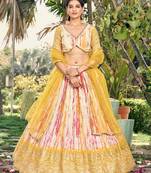 White & Yellow Shibori Printed Chinon Haldi Wear Lehenga Choli