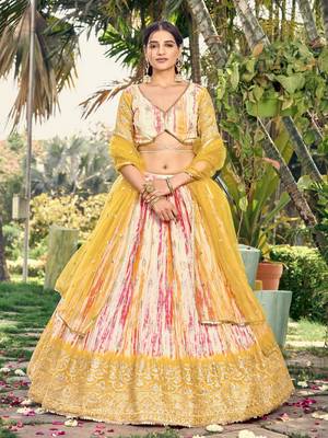 white & yellow shibori printed chinon haldi lehenga set choli with dupatta 3