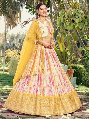 white & yellow shibori printed chinon haldi lehenga set choli with dupatta 4