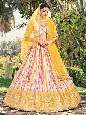 white & yellow shibori printed chinon haldi lehenga set choli with dupatta 5