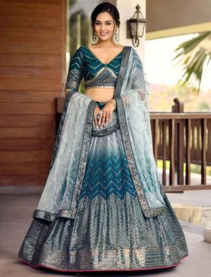 blue sequins chinon lehenga set choli with dupatta 1
