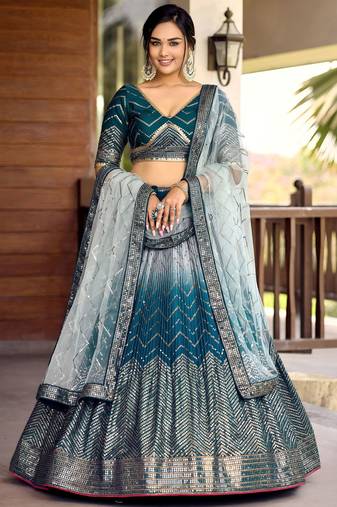 blue sequins chinon lehenga set choli with dupatta