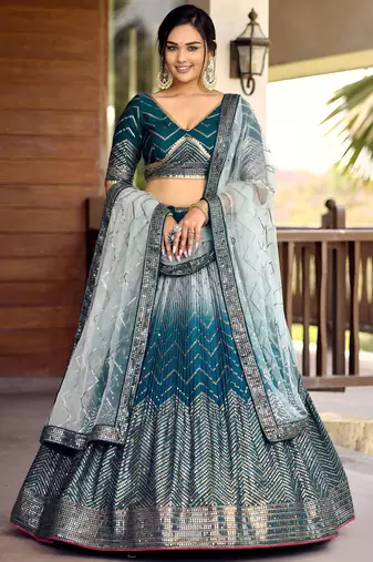 blue sequins chinon lehenga set choli with dupatta
