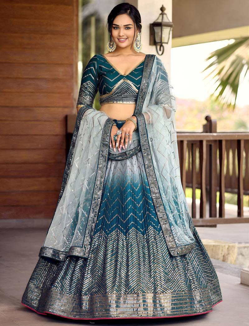 blue sequins chinon lehenga set choli with dupatta