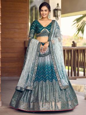 blue sequins chinon lehenga set choli with dupatta 1