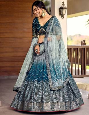 blue sequins chinon lehenga set choli with dupatta 3