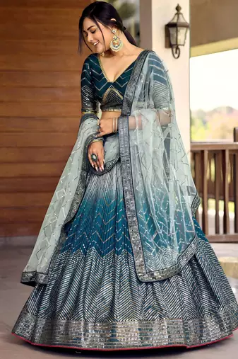 blue sequins chinon lehenga set choli with dupatta
