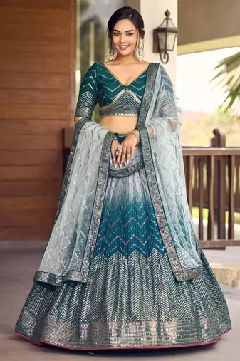 blue sequins chinon lehenga set choli with dupatta