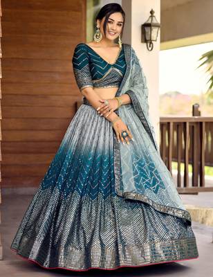 blue sequins chinon lehenga set choli with dupatta 4