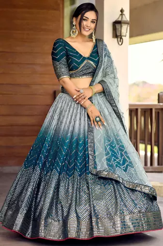 blue sequins chinon lehenga set choli with dupatta