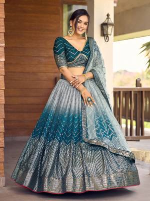 blue sequins chinon lehenga set choli with dupatta 4