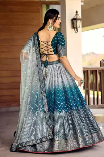 blue sequins chinon lehenga set choli with dupatta