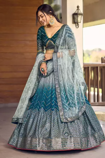blue sequins chinon lehenga set choli with dupatta