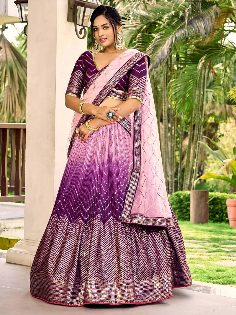 purple sequins chinon lehenga set choli with dupatta