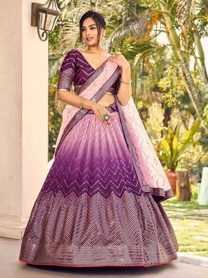 purple sequins chinon lehenga set choli with dupatta 4