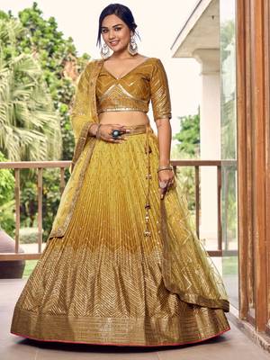 yellow sequins chinon haldi lehenga set choli with dupatta 1