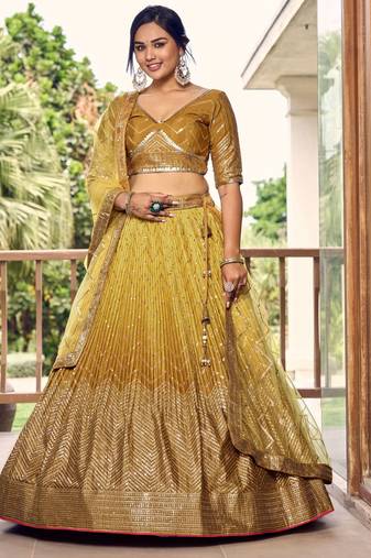 Yellow Sequins Chinon Haldi Wear Lehenga Choli