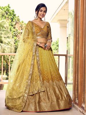 yellow sequins chinon haldi lehenga set choli with dupatta 4