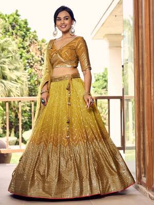 yellow sequins chinon haldi lehenga set choli with dupatta 5