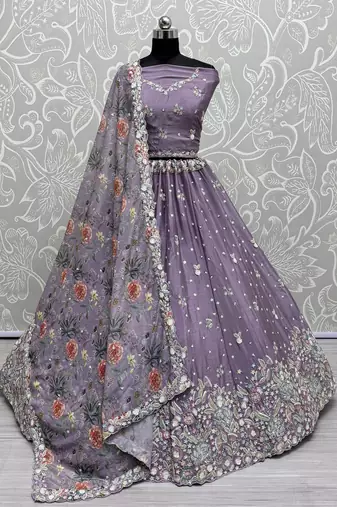 purple sequins chinon lehenga set choli with dupatta