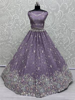 purple sequins chinon lehenga set choli with dupatta 3
