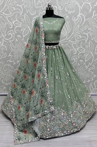 Pista Green Sequins Chinon Wedding Lehenga Choli With Dupatta