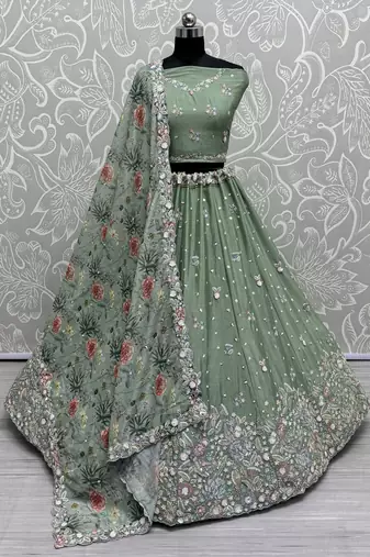 Pista Green Sequins Chinon Wedding Lehenga Choli With Dupatta