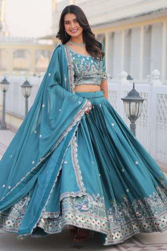 Blue Thread Work Chinon Lehenga Choli With Dupatta