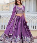 Purple Thread Work Chinon Wedding Lehenga Choli
