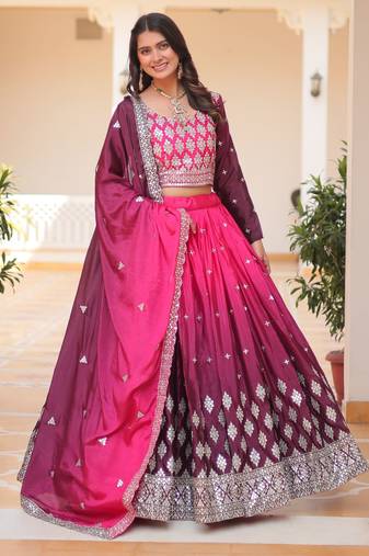 Pink Embroidered Chinon Wedding Wear Lehenga Choli