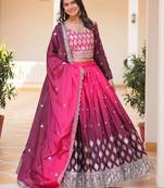 Pink Embroidered Chinon Wedding Wear Lehenga Choli