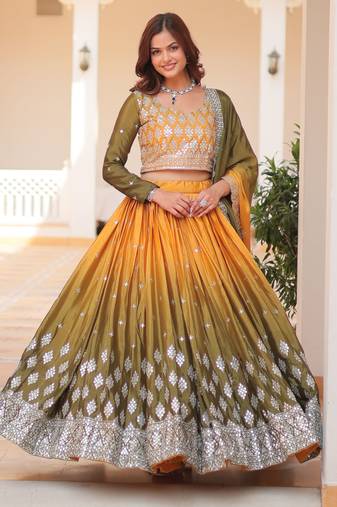 Yellow & Green Embroidered Chinon Lehenga Choli