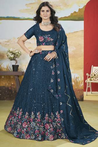 Teal Blue Sequins Chinon  Engagement Wear Lehenga Choli