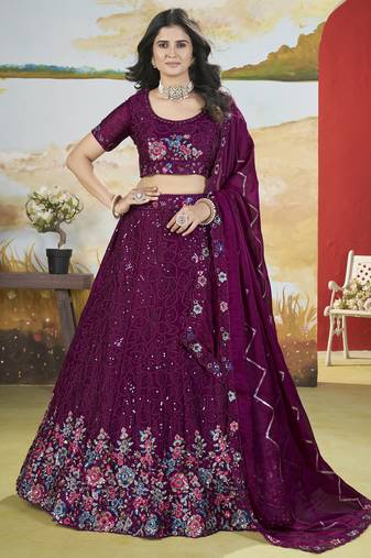 Wine Sequins Chinon  Reception Wear Lehenga Choli