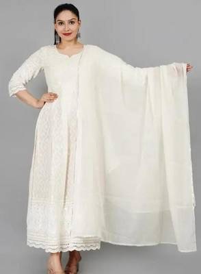 Cream cotton Embroidered Chikankari Anarkali Kurti Set 2