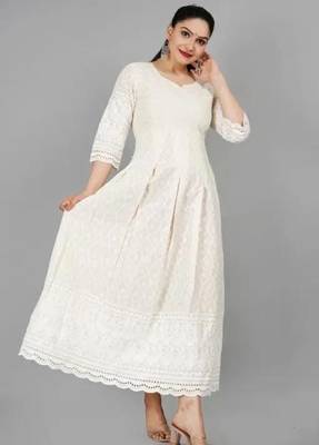 Cream cotton Embroidered Chikankari Anarkali Kurti Set 3