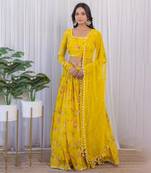  Mustard Floral Printed Georgette Mirrorwork Lehenga Choli Set 