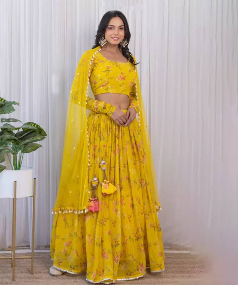  Mustard Floral Printed Georgette Mirrorwork Lehenga Choli Set 