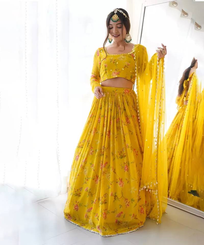  Mustard Floral Printed Georgette Mirrorwork Lehenga Choli Set 