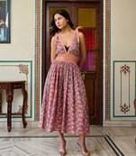 Boho chic cotton orange midi dress smocked waist & tie strap sleeves