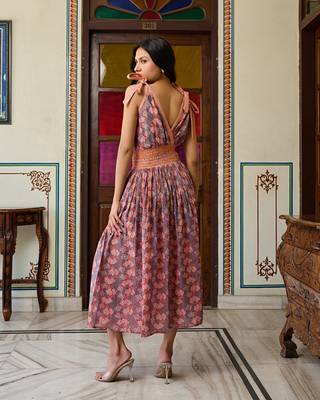 Boho chic cotton orange midi dress smocked waist & tie strap sleeves 3